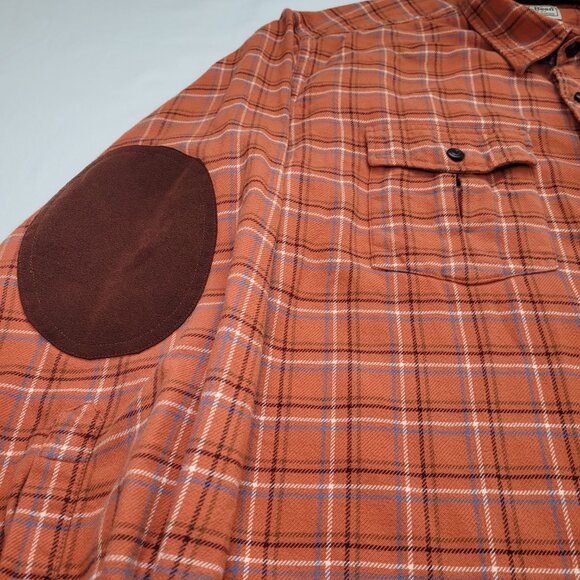 L.L. Bean Mens Plaid Flannel Shirt Orange Brown Elbow Patches Large Outdoorsman - Picture 3 of 9